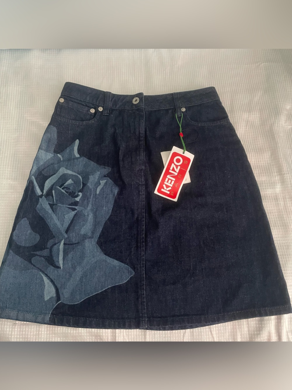 Kenzo Dark Blue Denim Skirt with Light Blue Rose Print